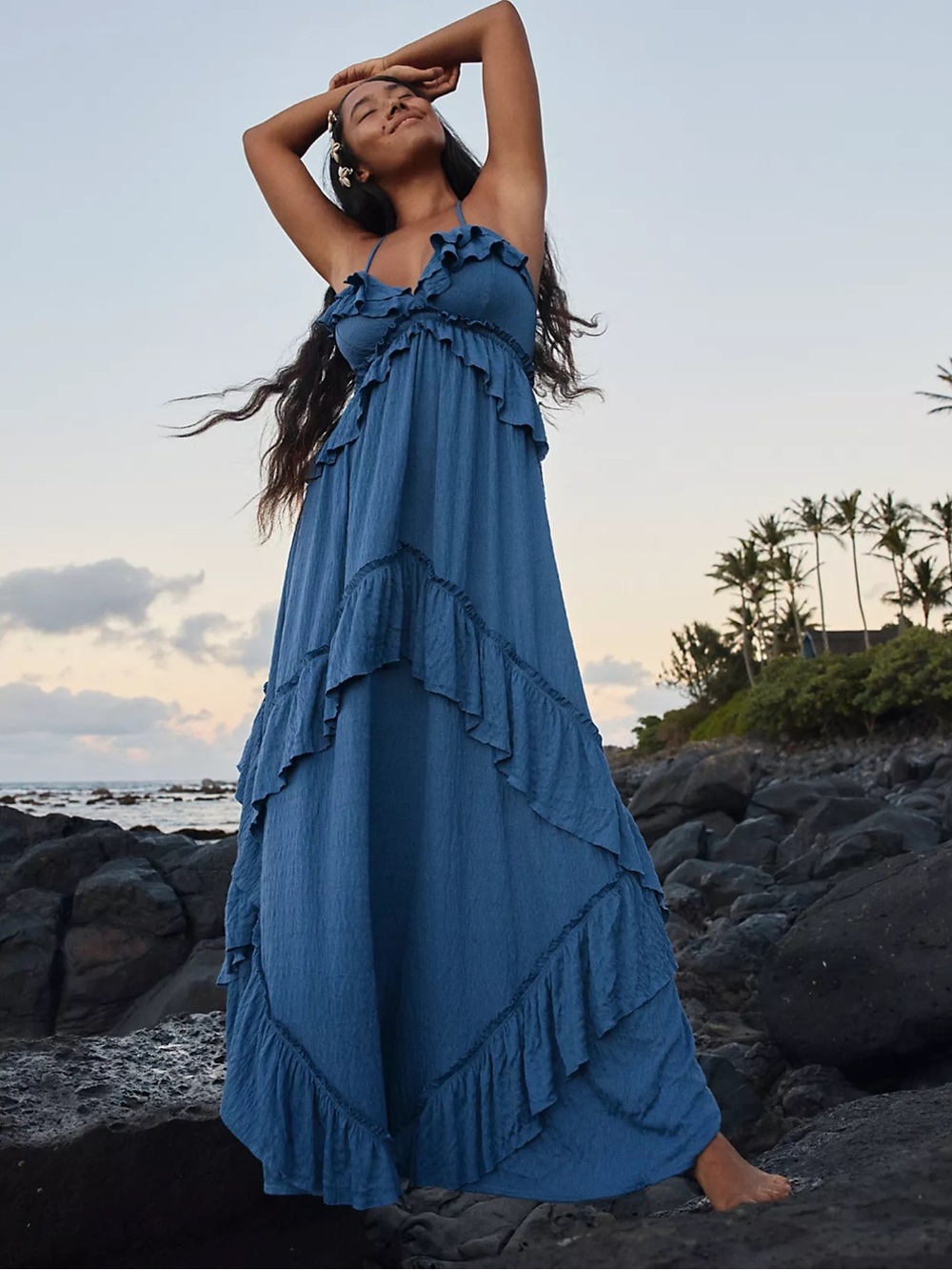 Free People Slate Blue Ruffled Maxi Dress